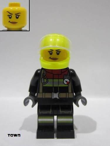 lego 2024 mini figurine cty1794 Fire Female, Black Jacket and Legs with Reflective Stripes and Red Collar, Neon Yellow Helmet, Trans-Clear Visor 