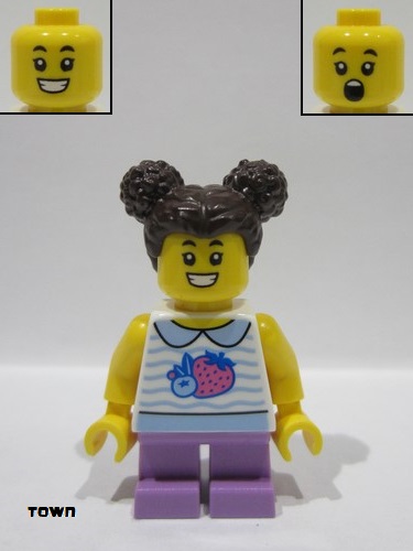 lego 2024 mini figurine cty1797 Child Girl, White Collared Shirt with Fruit, Medium Lavender Short Legs, Dark Brown Hair with Buns 