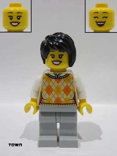 lego 2024 mini figurine cty1808 Hot Dog Stand Customer Female, Tan Knit Argyle Sweater Vest, Light Bluish Gray Legs, Black Hair 