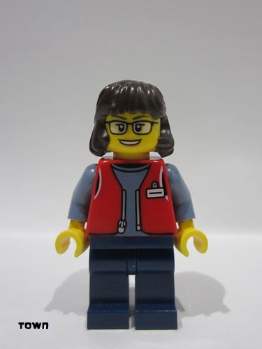 lego 2024 mini figurine cty1809 Forklift Driver Female, Red Vest over Sand Blue Shirt, Dark Blue Legs, Dark Brown Hair 