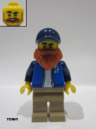 lego 2024 mini figurine cty1811 LEGO Truck Driver Male, Blue Jacket over White Shirt, Dark Tan Legs, Dark Blue Cap, Dark Orange Beard 