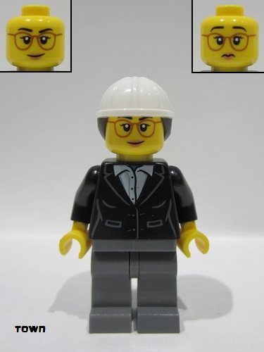 lego 2024 mini figurine cty1816 Construction Engineer / Architect Female, Black Suit Jacket with White Button Up Shirt, Dark Bluish Gray Legs, White Construction Helmet with Dark Brown Ponytail Hair, Glasses 