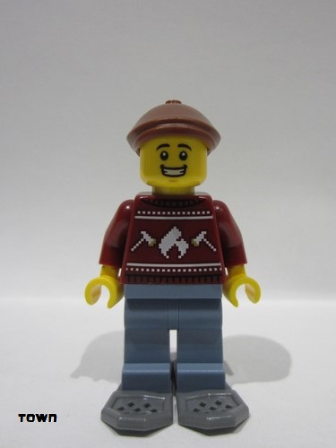 lego 2024 mini figurine cty1822 Man Dark Red Holiday Sweater, Sand Blue Legs, Reddish Brown Flat Cap, Dark Bluish Gray Snowshoes 