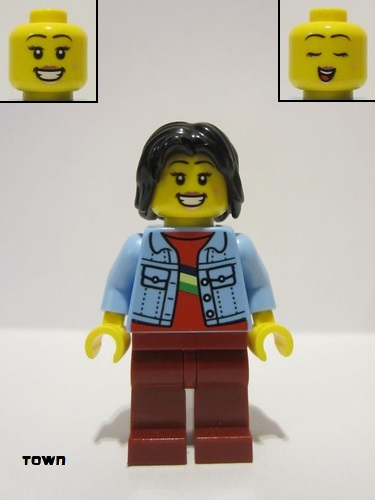 lego 2024 mini figurine twn500 Woman Bright Light Blue Denim Jacket, Dark Red Legs, Black Mid-Length Tousled Hair 