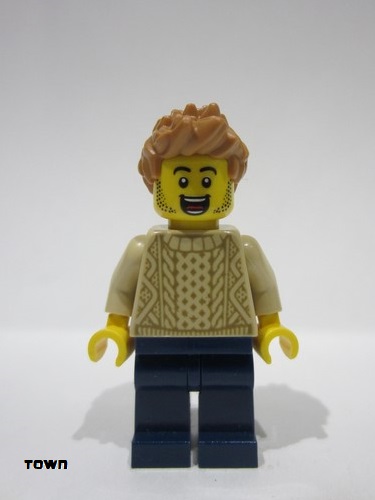 lego 2024 mini figurine twn503 Adult Male, Tan Knit Cable Sweater, Dark Blue Legs, Medium Nougat Spiked Hair 