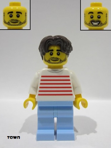 lego 2024 mini figurine twn505 Man White Sweater with Red Horizontal Stripes, Bright Light Blue Legs, Dark Brown Hair Wavy 