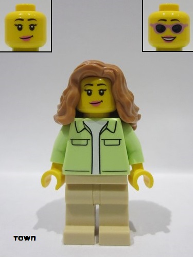 lego 2024 mini figurine twn506 Woman Yellowish Green Jacket over White Shirt, Tan Legs, Medium Nougat Hair Wavy 