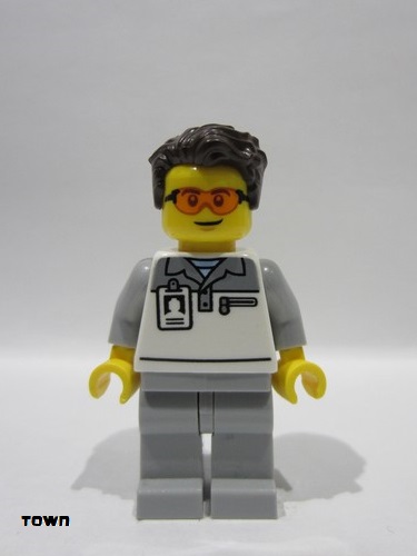 lego 2025 mini figurine cty1834 Formula 1 Mechanic Male, Light Bluish Gray and White Polo Shirt, Light Bluish Gray Legs, Dark Brown Tousled Hair, Safety Glasses 