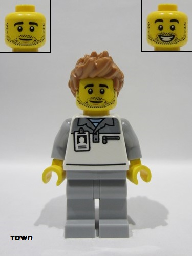 lego 2025 mini figurine cty1836 Formula 1 Mechanic Male, Light Bluish Gray and White Polo Shirt, Light Bluish Gray Legs, Medium Nougat Spiked Hair, Stubble 