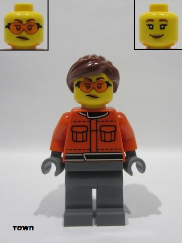 lego 2025 mini figurine cty1841 Formula 1 Race Crew Member Female, Reddish Orange Racing Suit with Pockets, Dark Bluish Gray Legs, Reddish Brown Hair, Safety Glasses 