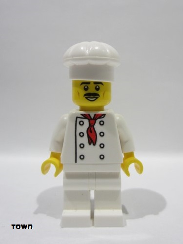 lego 2025 mini figurine cty1842 Pizza Slice Soapbox Race Car Driver Chef - Male, White Torso with 8 Buttons, No Wrinkles Front or Back, White Legs, White Chef Toque, Moustache 
