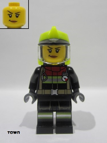 lego 2025 mini figurine cty1843 Fire Truck Soapbox Race Car Driver Firefighter - Female, Black Jacket and Legs with Reflective Stripes and Red Collar, Neon Yellow Fire Helmet, Trans-Clear Visor 