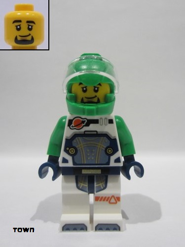 lego 2025 mini figurine cty1849 Astronaut Male, White Spacesuit with Bright Green Arms, Bright Green Helmet, Trans-Clear Visor, Goatee 