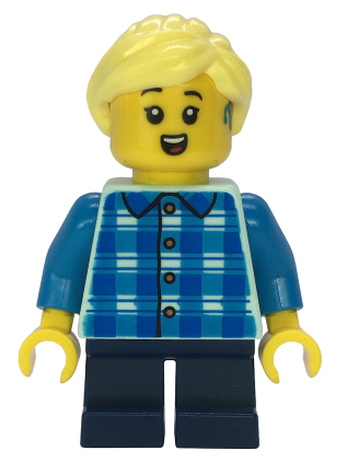 lego 2025 mini figurine cty1850 Child Girl, Blue and Dark Azure Plaid Shirt, Dark Blue Short Legs, Bright Light Yellow Ponytail, Hearing Aid 