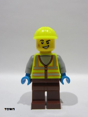 lego 2025 mini figurine cty1924 Train Worker Male, Neon Yellow Safety Vest with Reflective Stripes, Reddish Brown Legs, Neon Yellow Construction Helmet 