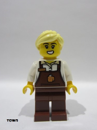 lego 2025 mini figurine cty1926 Barista Female, Reddish Brown Apron with Cup and Name Tag, Reddish Brown Legs, Bright Light Yellow Ponytail 