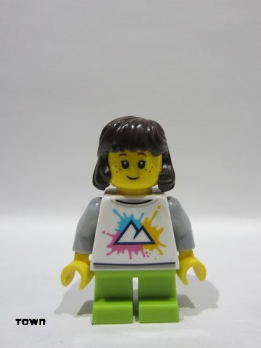 lego 2025 mini figurine cty1927 Child Girl, White Shirt with Mountains Logo, Lime Short Legs, Dark Brown Hair 