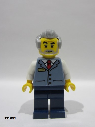 lego 2025 mini figurine cty1928 Station Master Sand Blue Vest over White Shirt, Dark Blue Legs, Light Bluish Gray Hair 