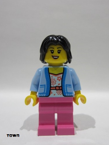 lego 2025 mini figurine cty1929 Passenger Female, Bright Light Blue Jacket over White Shirt with Coral Flowers, Dark Pink Legs, Black Hair 