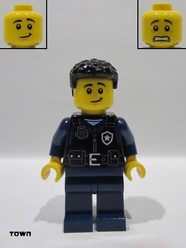 lego 2026 mini figurine cty1989 Police - City Officer Male, Black Safety Vest with Silver Star Badge Logo, Dark Blue Legs, Black Coiled Hair 
