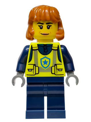lego 2026 mini figurine cty1990 Police - City Officer Female, Neon Yellow Safety Vest, Dark Blue Legs, Dark Orange Mid Length Hair, Closed Mouth Smile 