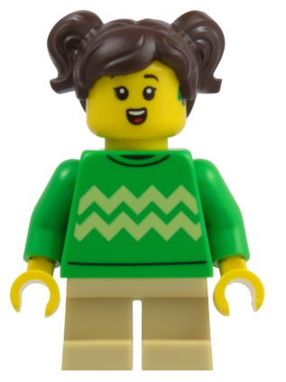 lego 2026 mini figurine cty2020 Child Girl, Bright Green Sweater with Bright Light Yellow Zigzag Lines, Hearing Aid, Tan Short Legs, Dark Brown Hair with Pigtails 