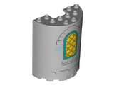 Light Bluish Gray Cylinder Half 3 x 6 x 6 with 1 x 2 Cutout with Yellow Curved Lattice Window with Dark Turquoise Frame and Dark Bluish Gray Bricks Pattern