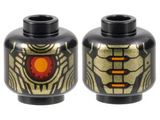 Black Minifigure, Head Alien Robot, Gold Armor, 1 Large Red and Orange Eye Pattern - Vented Stud