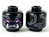 Black Minifigure, Head Alien, Dark Bluish Gray Forehead/Cheek Markings, Magenta and Bright Pink Eyes with Dark Purple Outlines, Fangs Pattern - Hollow Stud