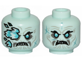 Light Aqua Minifigure, Head Dual Sided Wrinkles, Teeth, Ice Spikes Covering Right Eye / Angry Pattern - Hollow Stud