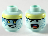 Light Aqua Minifigure, Head Dual Sided Alien, Light Yellow Headband, Yellow Eyes, Metal Blue Triangle Tattoos, Smile with Teeth / Singing Pattern - Hollow Stud