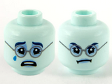 Light Aqua Minifigure, Head Dual Sided Female, Dark Blue Eyebrows, Bright Light Blue Around Eyes, Dark Bluish Gray Glasses, Crying / Angry Pattern - Hollow Stud