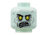 Light Aqua Minifigure, Head Alien Zombie, Black Eyebrows, Yellow Eyes, Open Mouth Showing Teeth, Dark Bluish Gray Splotches Pattern - Hollow Stud