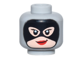 Light Bluish Gray Minifigure, Head Female Balaclava, Light Nougat Face, Black Mask and Eyelashes, Red Lips, Smirk Pattern - Vented Stud