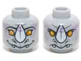 Light Bluish Gray Minifigure, Head Dual Sided Alien Chima Rhinoceros with Orange Eyes, Purple Markings and White Horn, Neutral / Happy Pattern (Rinona) - Hollow Stud