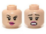 Light Nougat Minifigure, Head Dual Sided Female Dark Pink Lips, Eyebrow Raised / Scared Pattern (Red Harrington) - Hollow Stud