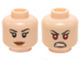 Light Nougat Minifig, Head Dual Sided Female Black Eyebrows, Eyelashes, Dark Nougat Lips, Smile / Bared Teeth with Red Eyes Pattern - Stud Recessed