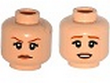 Light Nougat Minifig, Head Dual Sided Female Dark Orange Eyebrows, Eyelashes, Nougat Lips, Determined / Worried Pattern - Stud Recessed