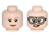 Light Nougat Minifigure, Head Dual Sided Female, Dark Tan Eyebrows, Smile / Silver Goggles Pattern (Jillian Holtzmann) - Hollow Stud