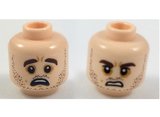 Light Nougat Minifig, Head Dual Sided Dark Brown Eyebrows and Stubble, Dark Orange around Eyes, Scared / Sneer Pattern - Stud Recessed