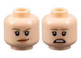 Light Nougat Minifig, Head Dual Sided Female, Dark Tan Eyebrows, Peach Lips, Smirk / Scared Pattern (Ellie Sadler) - Stud Recessed