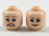 Light Nougat Minifig, Head Dual Sided Female Dark Orange Eyebrows, Peach Lips, Scared / Smirk Pattern