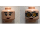 Light Nougat Minifigure, Head Dual Sided Female Dark Bluish Gray Eyebrows, Dark Red Lips, Eyes with Pupils / Goggles Pattern (Madame Hooch) - Hollow Stud