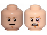 Light Nougat Minifigure, Head Dual Sided Dark Tan Eyebrows, Chin Dimple, White Pupils, Stern / Scared, Sunken Left Eye Pattern (SW Luke Skywalker) - Hollow Stud