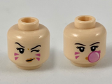 Light Nougat Minifigure, Head Dual Sided Female, Black Eyebrows, Dark Pink Stripes on Cheeks, Left Eye Winking / Blowing Bubblegum Bubble Pattern - Hollow Stud