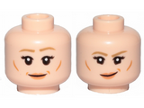 Light Nougat Minifigure, Head Dual Sided Female Dark Tan Eyebrows, Nougat Lips, Cheeks Lines, Eyebrow Raised, Smile / Smirk Pattern (Leia) - Hollow Stud