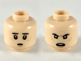 Light Nougat Minifigure, Head Dual Sided Dark Brown Eyebrows, Dark Orange Freckles, Worried / Angry Pattern - Hollow Stud