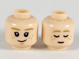 Light Nougat Minifigure, Head Dual Sided Female, Dark Tan Eyebrows, Dark Orange Freckles, Smile / Asleep Pattern - Hollow Stud