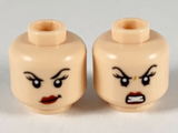 Light Nougat Minifigure, Head Dual Sided Female, Black Eyebrows, Dark Pink Lips, Smirk with Raised Left Eyebrow / Fierce Scowl Pattern - Hollow Stud