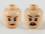 Light Nougat Minifigure, Head Dual Sided Female, Reddish Brown Eyebrows, Dark Orange Age Lines, Red Lips, Raised Right Eyebrow / Surprised Pattern - Hollow Stud